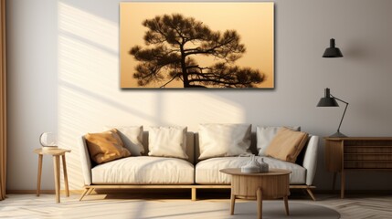 a living room with a white couch and a painting of a pine tree on the wall in the corner of the room.