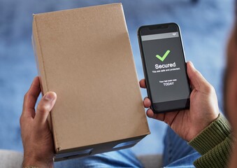 Cardboard box label, phone screen or person hands with security check success, safety scan or...