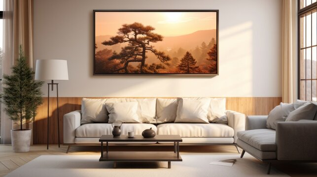 a living room with a couch, coffee table, and a painting hanging on the wall above the couch is a coffee table with a vase on it.