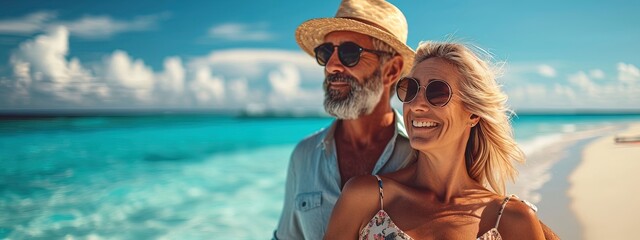 Happy beautiful mature couple relaxing on the beach near the ocean. Couple enjoying life and leisure at resort, related to travel, romance, beach vacations, and relaxation - Powered by Adobe