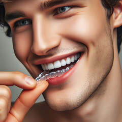 Young Caucasian man inserting a dental aligner. Close-up view.