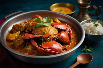 A mouth-watering sri Lankan crab curry, perfectly isolated in a restaurant table.