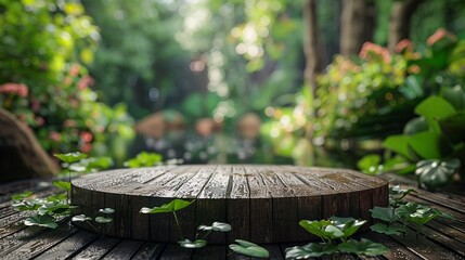 A round wooden platform among greenery in the forest. Concept: product mockup, sustainability, eco-friendliness, or a connection to nature
