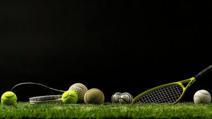 sports equipment racket and balls on green grass