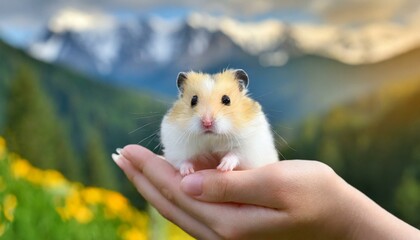 A cute fluffy hamster sitting in a female hand, on a palm 