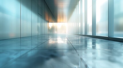 A modern, sleek corridor with reflective flooring and walls, with natural light from the windows at the end of the hallway. A modern and clean background for a PowerPoint presentation. - obrazy, fototapety, plakaty