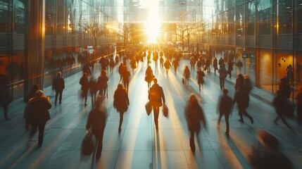 A busy urban scene with people walking, illuminated by the warm glow of a sunrise. The setting is an urban environment, a business district, with modern glass buildings on both sides
