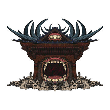 detailed line art, illustration of wooden gate with skull, black domain