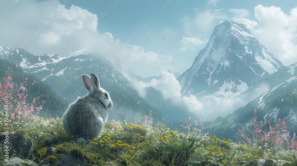 Wall mural Bunny Hare sitting in Nature and watching. AI Generative - Wall murals
