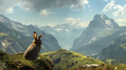 Bunny Hare sitting in Nature and watching. AI Generative - obrazy, fototapety, plakaty