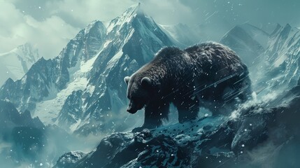 Wild brown Bear on Mountain in snow Winter. AI Generative