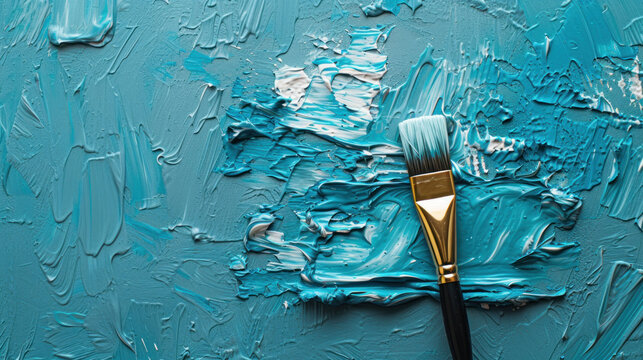 a close up of a paint brush on a blue paint palette with white and gold paint streaks on the paint.
