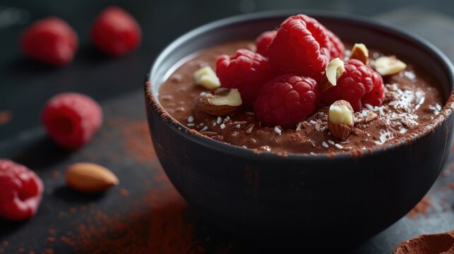 a close up of a bowl of food with raspberries and almonds on the side of the bowl.
