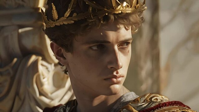 Close up of young Gaius Julius Caesar Augustus also known as Octavian wearing a crown