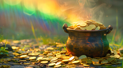Iron pot full of gold coins at the end of the rainbow, one of the Saint Patrick's Day symbols - obrazy, fototapety, plakaty