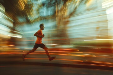 A man in motion blur running down a street at night.