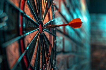 A red dart precisely strikes the center of a dartboards bullseye. - obrazy, fototapety, plakaty