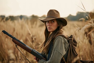 A woman actively holding a rifle in a field. - obrazy, fototapety, plakaty
