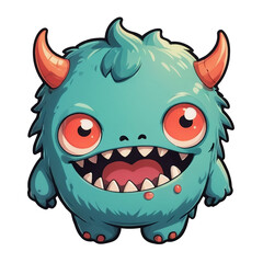 a sticker of a blue monster with horns, high quality illustration, full color illustration, cute little troll,