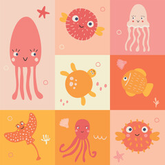 Cute funny seamless pattern with marine animals