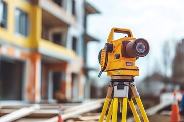 A yellow tripod supporting a camera for a surveyor at a new construction site.