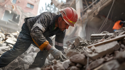 A Rescue worker dig for survivors after a catastrophic earthquake to locate survivors amidst the rubble of fallen buildings.