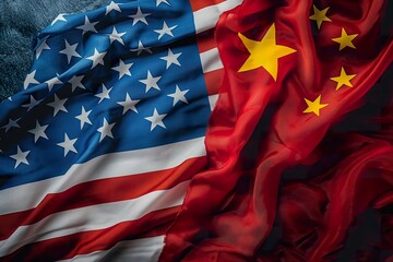 Two flags, American and Chinese, stand side by side on poles. - obrazy, fototapety, plakaty