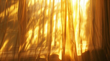 Sunlight and rays are perceived through closed silk curtains.