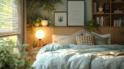 A cozy bedroom at home. Bedroom with bad, pillows, window, pictures, lamps, bookshelf. Very cute...