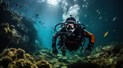 A scuba drivers through tunnel under the ocean with fish and undersea life wonders around them.