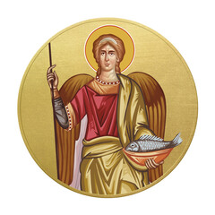 Orthodox traditional image of archangel Rafail. Golden christian medallion in Byzantine style on white background