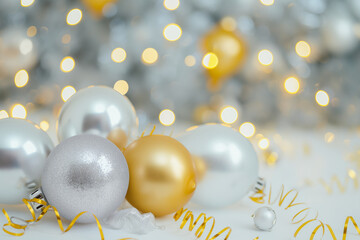 Gold and silver baubles on the floor with a glittery background