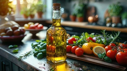 Foto op Plexiglas An olive oil virgin bottle with green salad ingredients for healthy dish making in modern clean kitchen counter setup. © tong2530