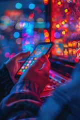 A gamer holding a mobile phone with online casino app interface, neon glowing