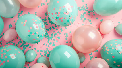 Cyan and pink balloons with confetti papers on a soft pastel background