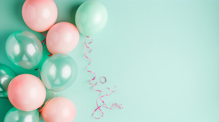 Cyan and pink balloons pop against a pastel confetti background