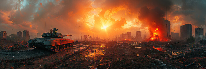 Armored tank crosses a mine field during war invasion epic scene of fire and some in destroyed city.