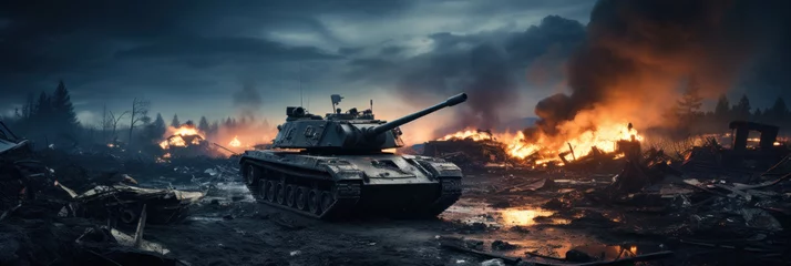Foto op Plexiglas Armored tank crosses a mine field during war invasion epic scene of fire and some in destroyed city. © tong2530
