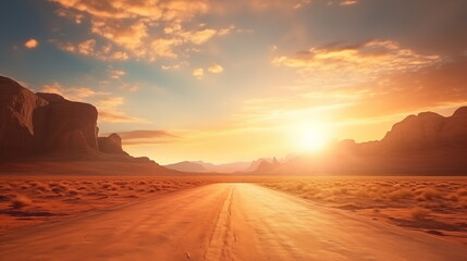 Naklejka premium a road at desert with beautiful sunset, wallpaper or background of dirt road at desert