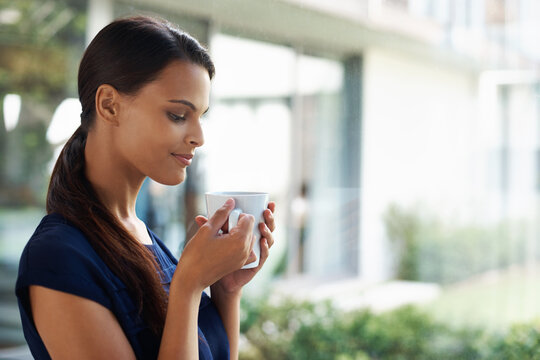 Woman, Thinking And Drinking Coffee In Home To Relax, Peace Or Calm At Breakfast For Energy In The Morning. Dream, Tea Cup Or Person With Espresso, Latte Or Hot Healthy Beverage For Wellness In House