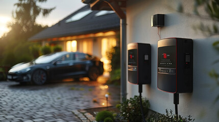 Battery packs alternative electric energy storage system at home garage wall as backup.