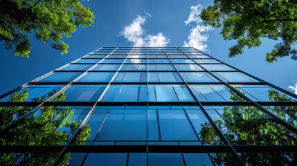 Building reflects nature and, sustainable glass building for reducing heat and carbon dioxide, Office building with a green environment, Eco-friendly building in the city