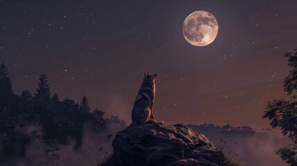 Naklejka premium A night moment with a beautiful wolf in the background, the full moon is shining. Generative AI