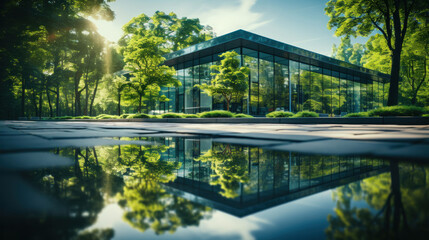 Fototapeta premium Building reflects nature and, sustainable glass building for reducing heat and carbon dioxide, Office building with a green environment, Eco-friendly building in the city