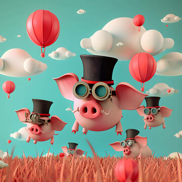 whimsical 3D scene featuring flying pig