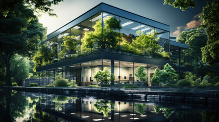 Obraz premium Building reflects nature and, sustainable glass building for reducing heat and carbon dioxide, Office building with a green environment, Eco-friendly building in the city