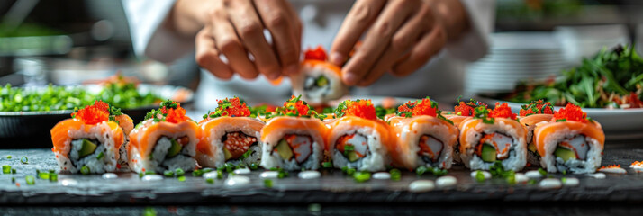 Close up hand of Professional chef hands preparing Sushi maki rolls and arrange and decorate it as a wide banner with copy space area for fine dining in Japanese.