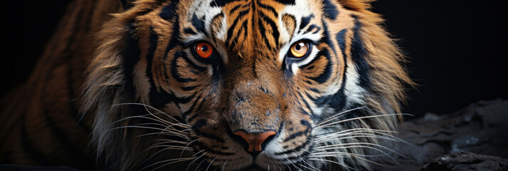 Close up of A tiger portrait action's face is angry and Looking at the camera. - obrazy, fototapety, plakaty