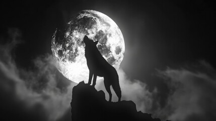 A night moment with a beautiful wolf in the background, the full moon is shining. Generative AI