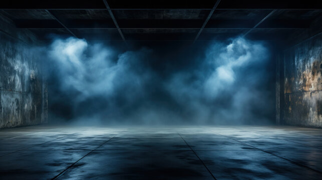 Dark blue background, an empty dark scene, neon light, and spotlights The concrete floor and studio room with smoke float up the interior texture for display products.